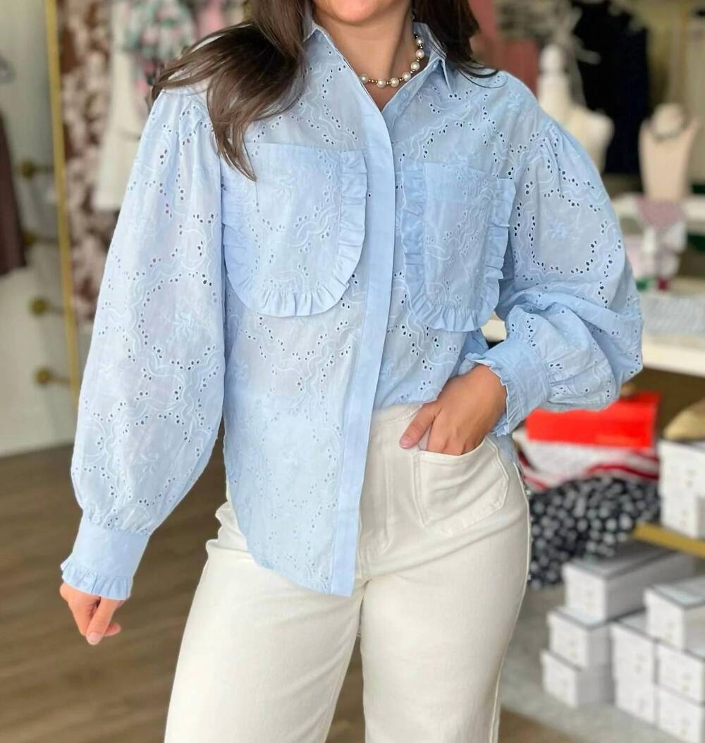 NEW LISTICLE carolina charm eyelet button down top in light blue